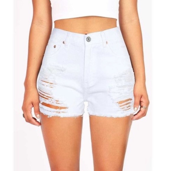 Signature8 Distressed Destroyed Raw Hem High Rise Denim Shorts White Sz Small - Picture 1 of 9